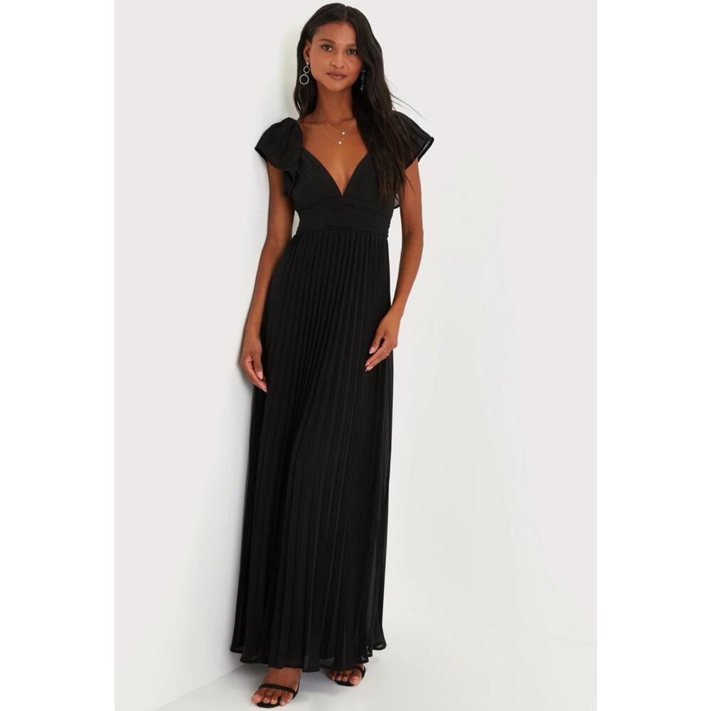 Lulus Ideal Occasion Black Pleated Flutter Sleeve Backless Maxi Dress Small NWOT